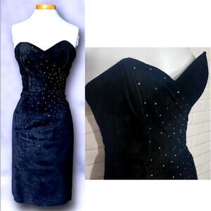 Vintage 90s Positano Pelle 6 Suede & RHINESTONE Leather Dress Strapless Black